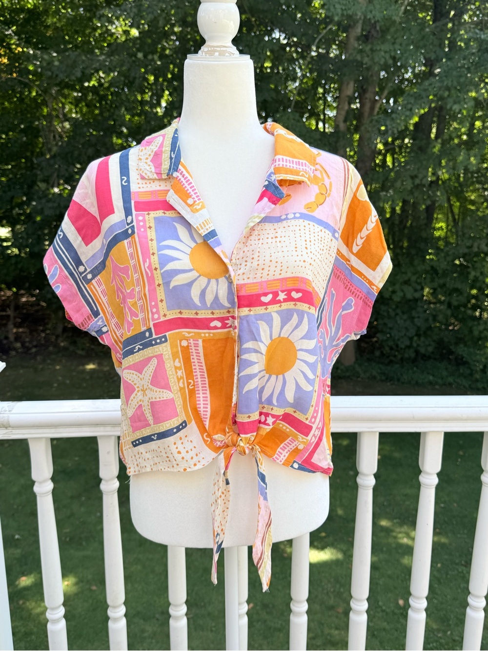 C&C California Vintage-Inspired Tie-Front Sunflower Print Crop Top - Multicolor